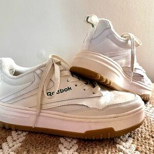 Reebok Women's Classic Club C  Extra Platform Cream and Tan Sneakers